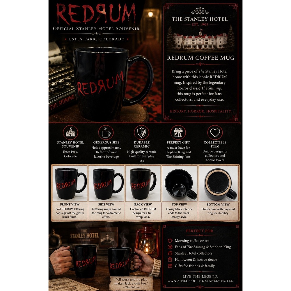 REDRUM The SHINING Inspired Black Ceramic Coffee Mug Red Text The Shining Style